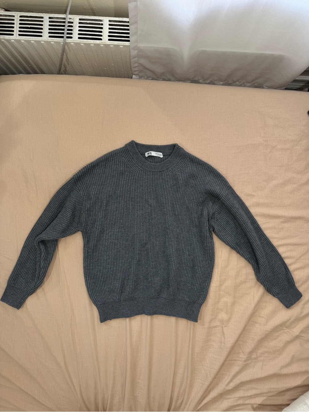 Zara Men's Charcoal Thick Ribbed Crewneck Sweater